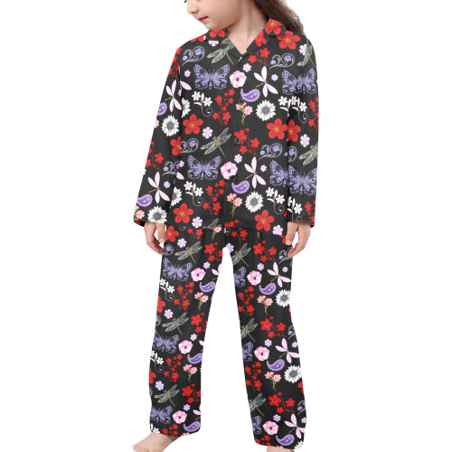 Black, Red, Pink, Purple, Dragonflies, Butterfly and Flowers Design Little Girls' V-Neck Long Pajama Set