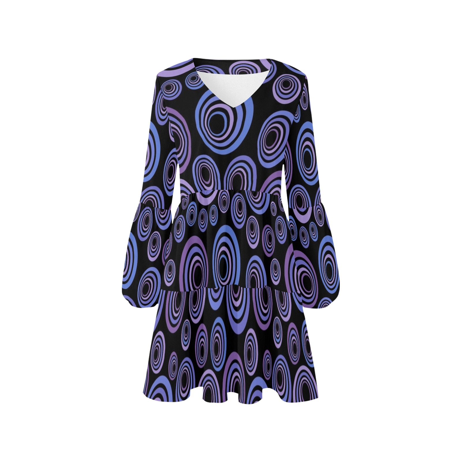 Retro Psychedelic Pretty Purple Pattern V-Neck Loose Fit Dress (Model D62)