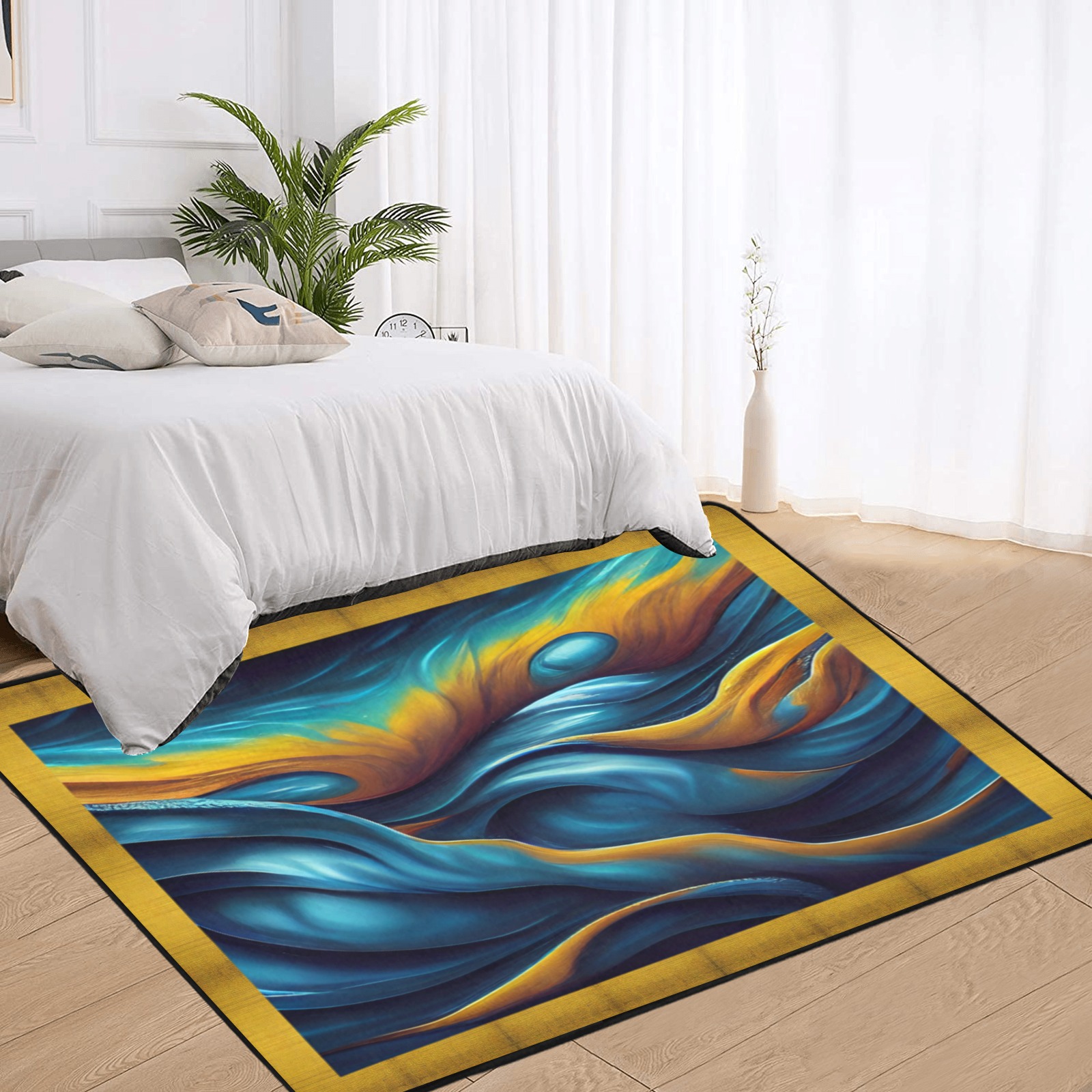 abstract water with yellow trim Area Rug with Black Binding 7'x5'