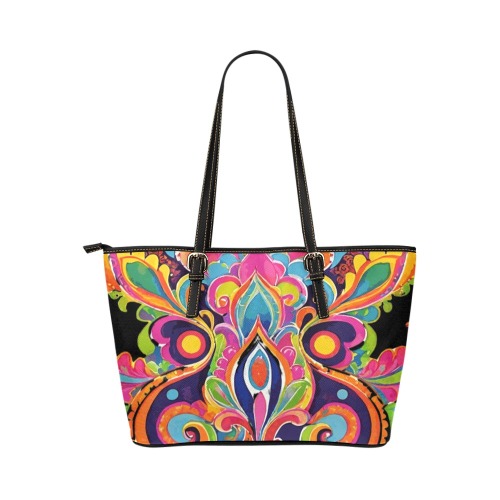 Abstract Retro Hippie Paisley Floral Leather Tote Bag/Small (Model 1651)