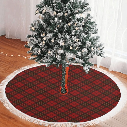 Red tartan plaid winter Christmas pattern holidays Thick Fringe Christmas Tree Skirt 60"x60"