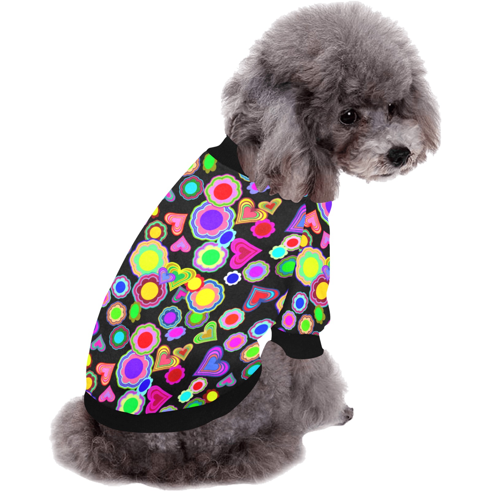 Groovy Hearts and Flowers Black Pet Dog Round Neck Shirt
