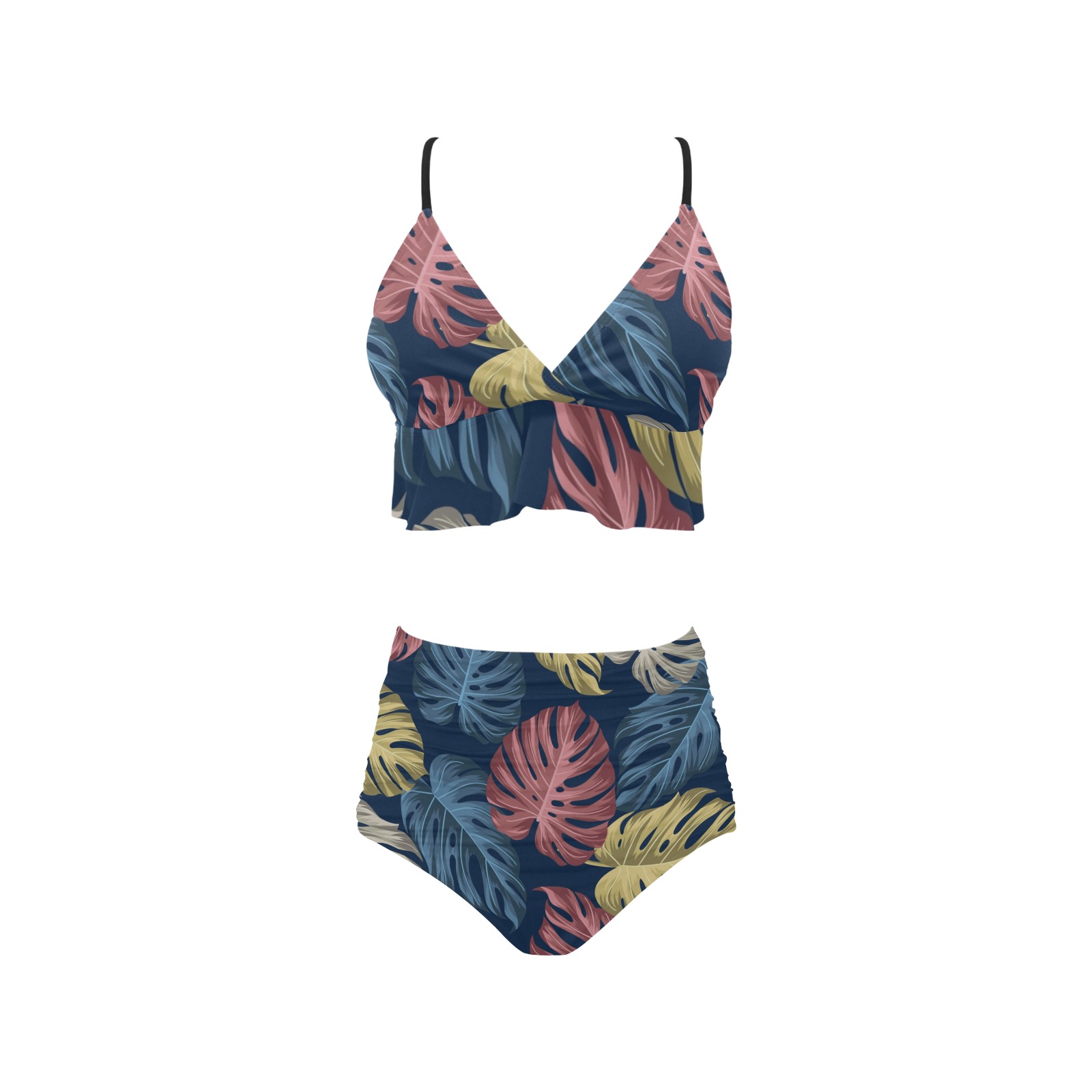 Unique Abstract Tropical Jungle Ruffle Hem Bikini Swimsuit (Model S35)