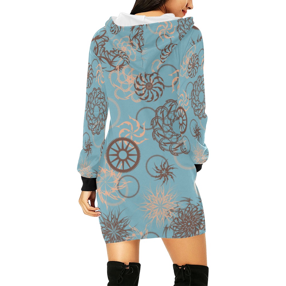 Abstract Spirals and Wheels on Blue All Over Print Hoodie Mini Dress (Model H27)