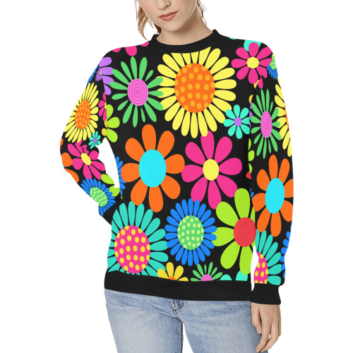 Retro Daisy Flower Power Sixties Hippy Pattern Women's Rib Cuff Crew Neck Sweatshirt (Model H34)