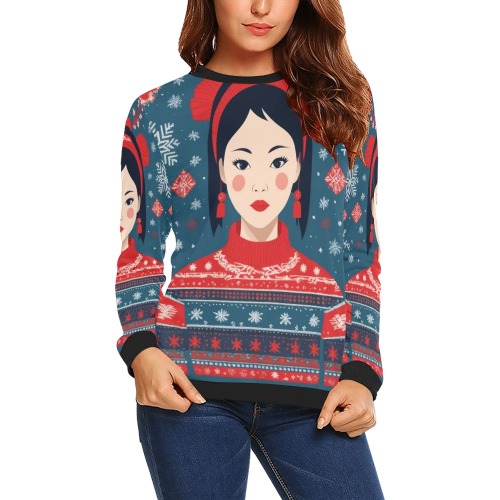 Awesome Chinese girl in red sweater, snowflakes. All Over Print Crewneck Sweatshirt for Women (Model H18)
