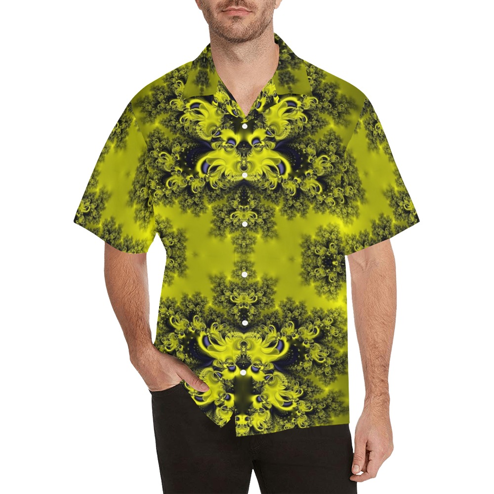 Summer Sunflowers Frost Fractal Hawaiian Shirt with Merged Design (Model T58)