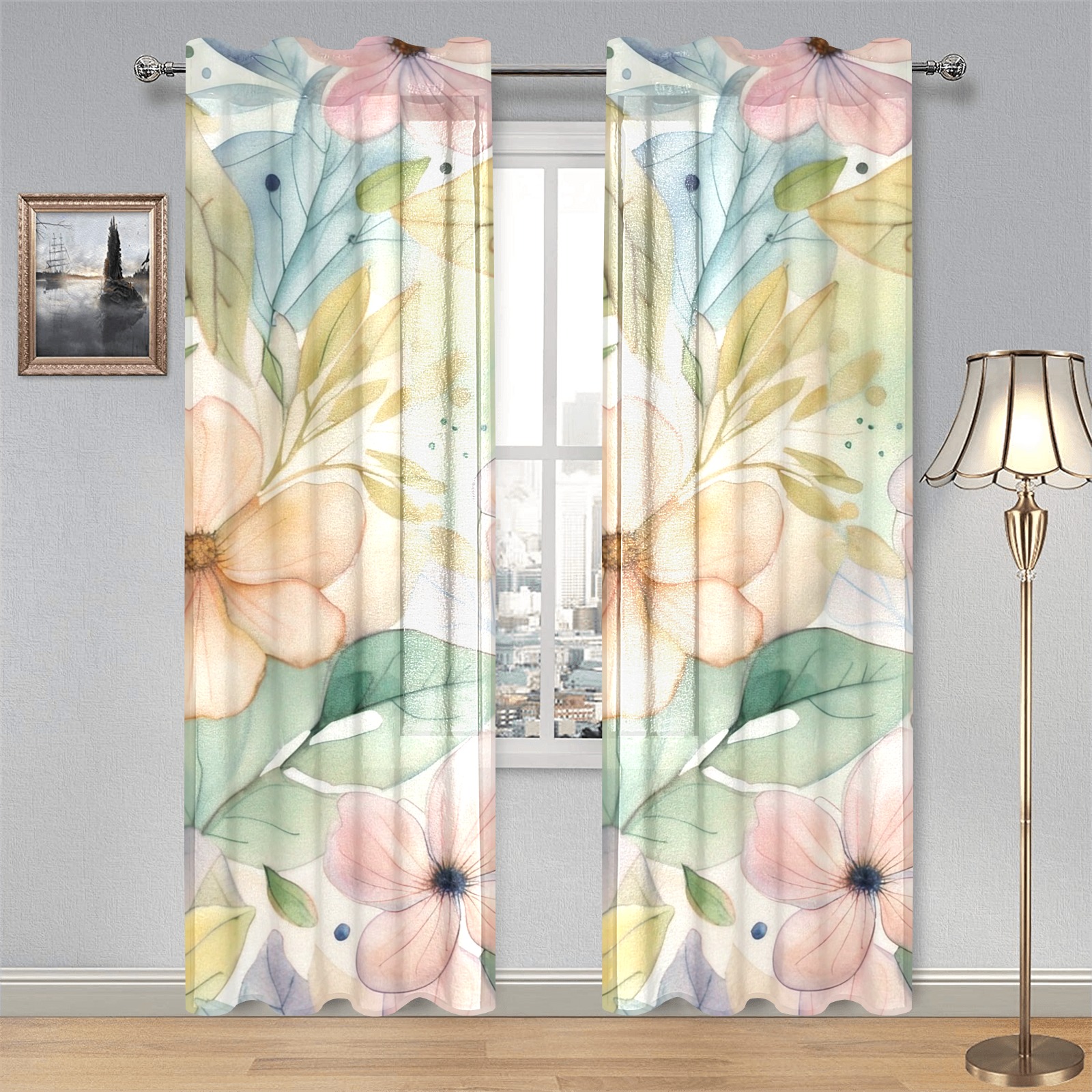 Watercolor Floral 1 Gauze Curtain 28"x84" (Two-Piece)