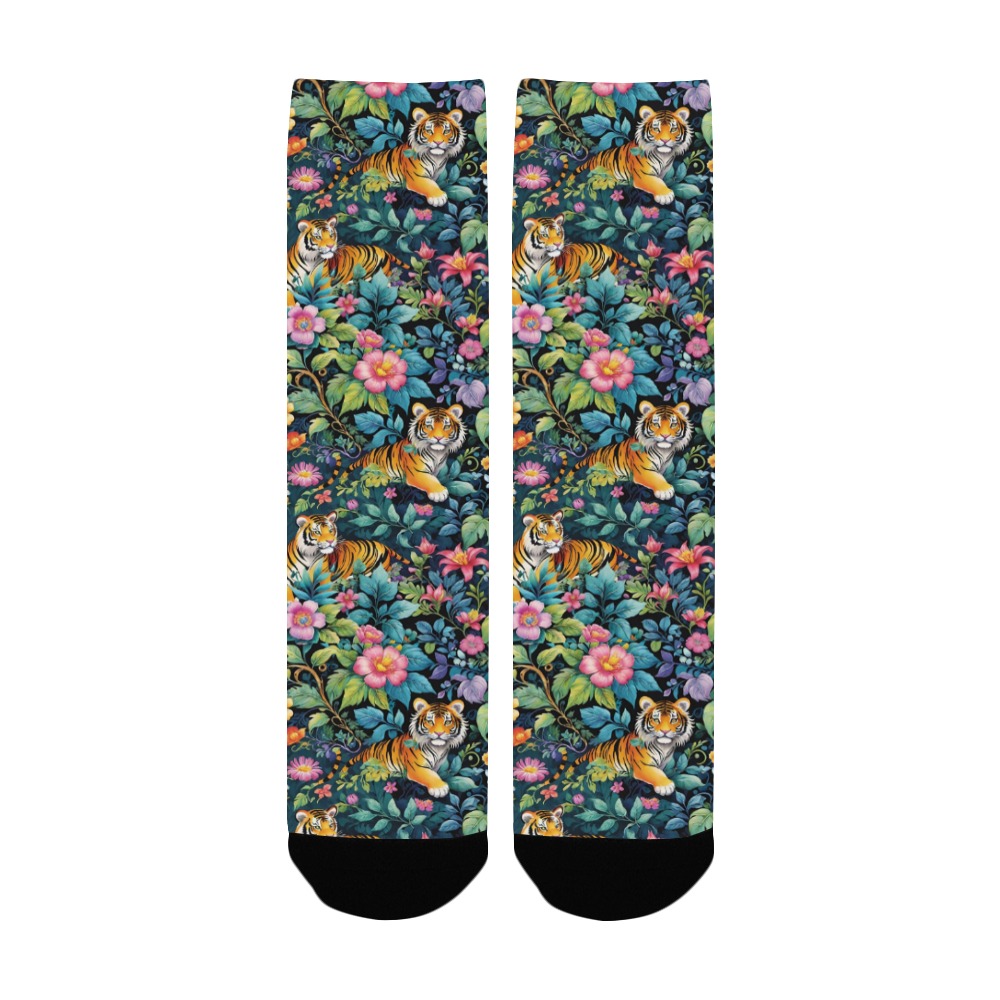 Jungle Tigers and Tropical Flowers Pattern Women's Custom Socks