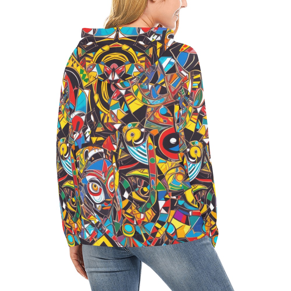 Abstract mix of African masks and colorful shapes. All Over Print Hoodie for Women (USA Size) (Model H13)