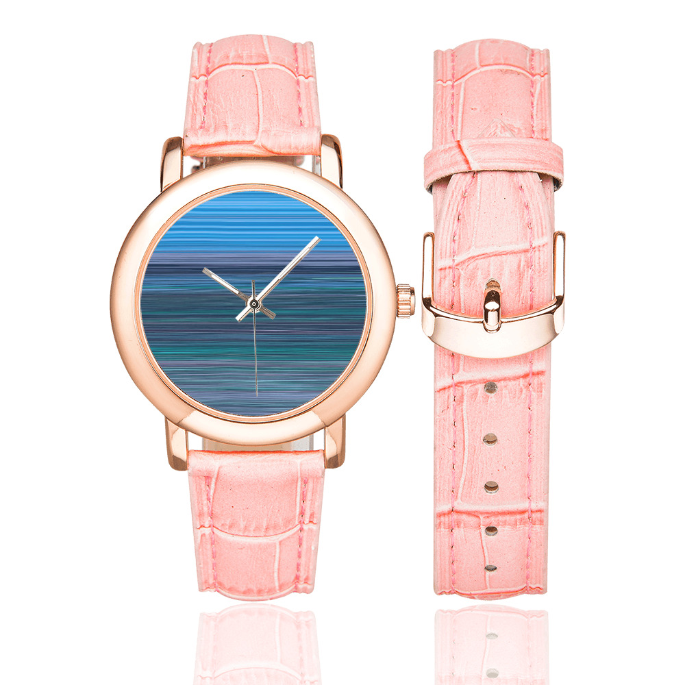 Abstract Blue Horizontal Stripes Women's Rose Gold Leather Strap Watch(Model 201)