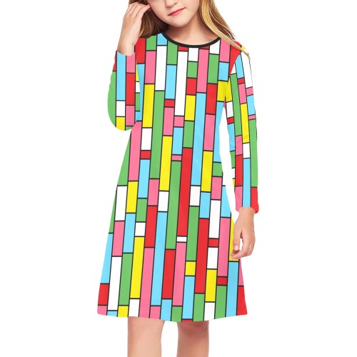 Bright Colorful Geometric Rectangle Abstract Girls' Long Sleeve Dress (Model D59)