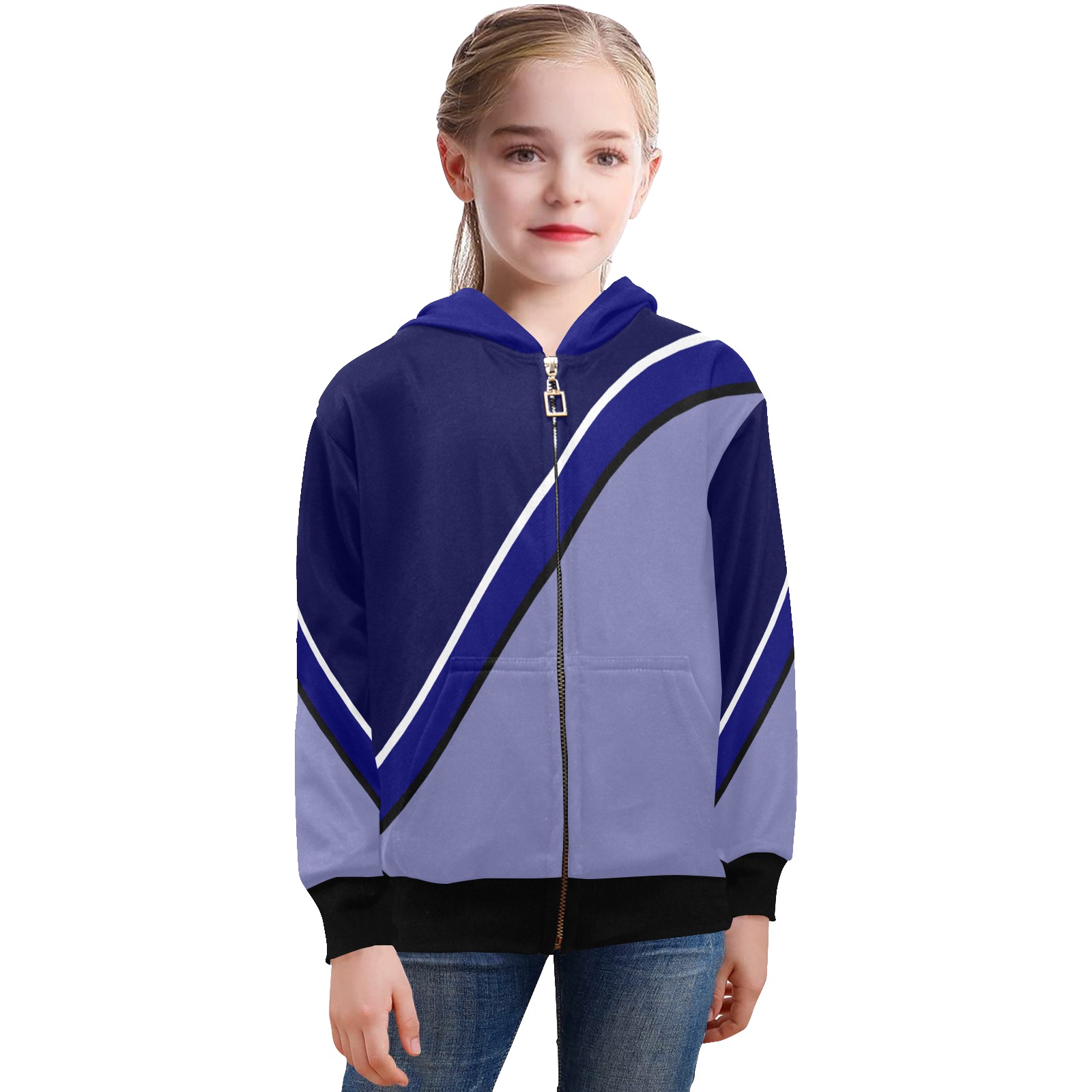 Diagonal Blue White Violet Big Girls' Zip Up Hoodie (Model H58)