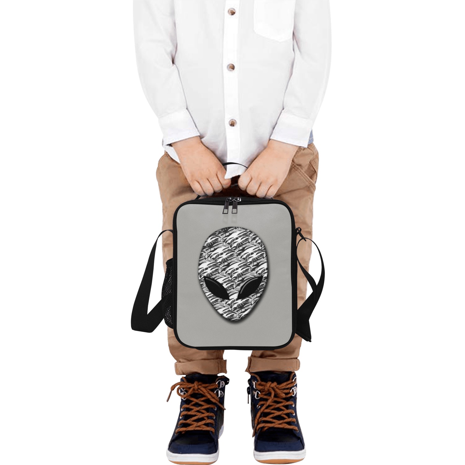 Alien Face with Troops / Gray Crossbody Lunch Bag for Kids (Model 1722)