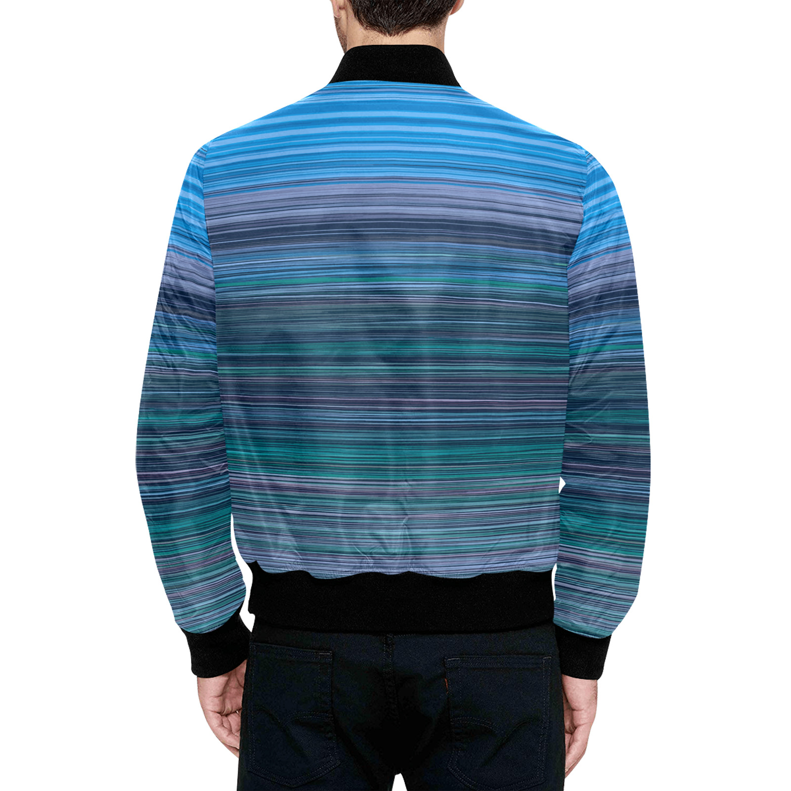 Abstract Blue Horizontal Stripes All Over Print Quilted Bomber Jacket for Men (Model H33)