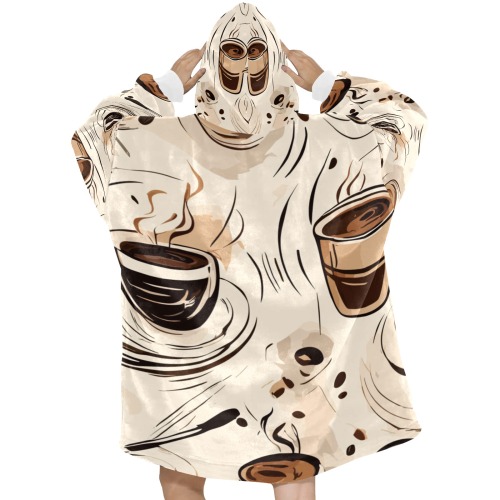 Coffee cups, beans on a beige tablecloth cool art Blanket Hoodie for Women