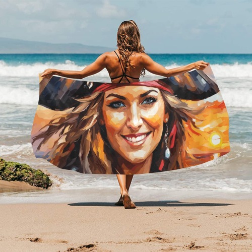 Charming adorable pirate lady at peaceful sunset. Beach Towel 32"x 71"