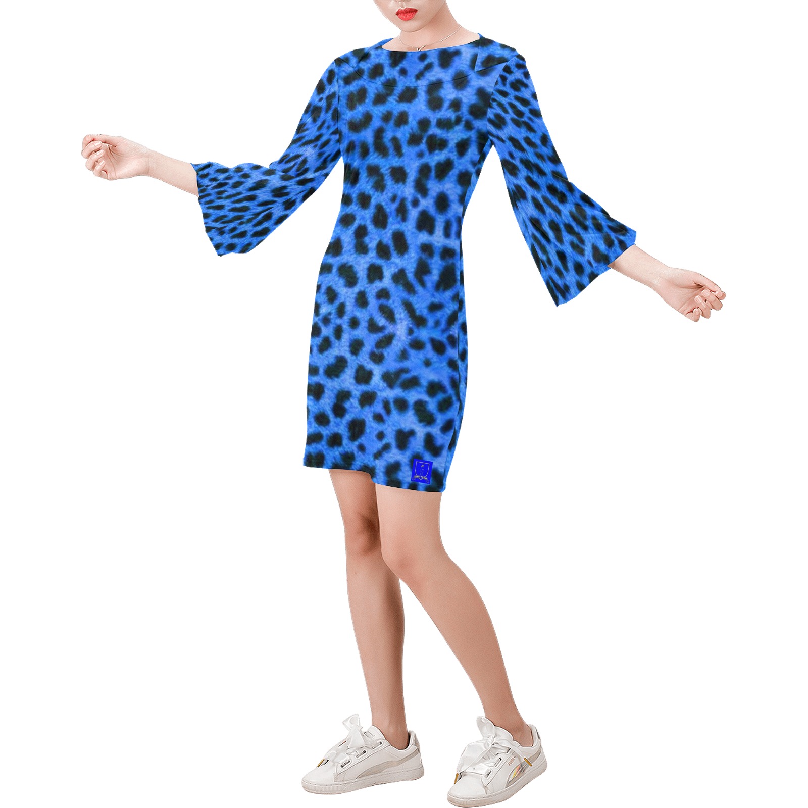 DIONIO Clothing - Blue Cheetah Bell Sleeve Dress ( Blue Lightning Shield Logo) Bell Sleeve Dress (Model D52)