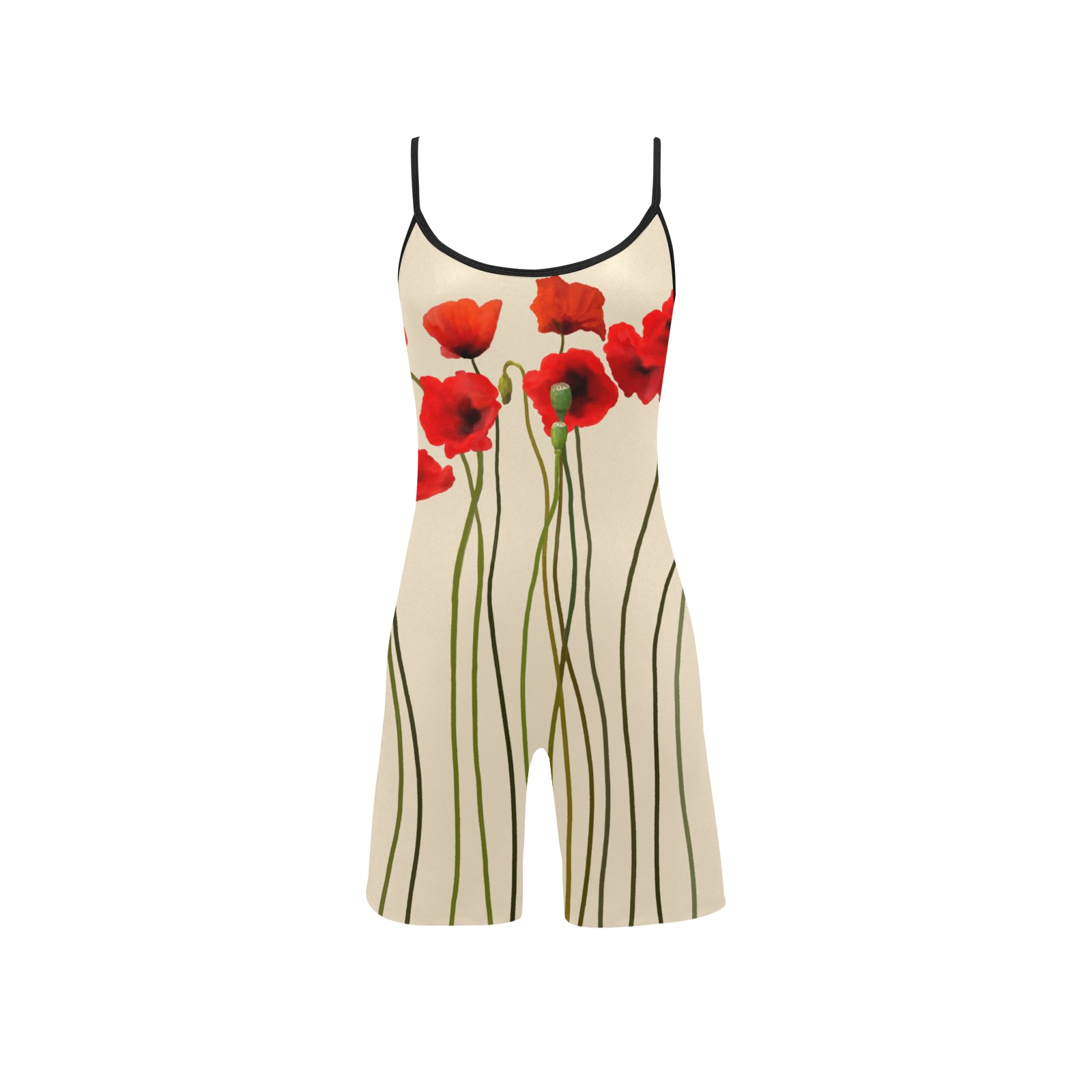 Poppies Floral Design Papaver somniferum on beige Women's Short Yoga Bodysuit