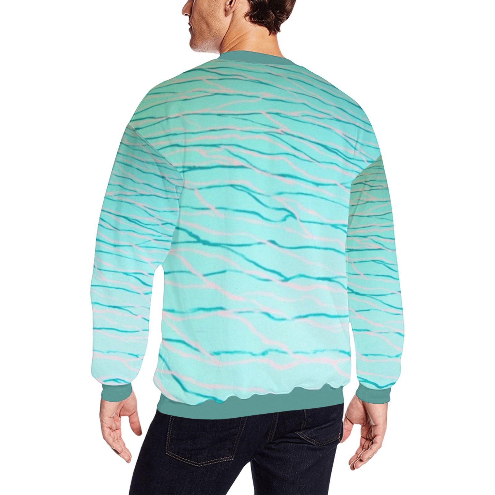 Aquamarine Blue- dark aqua collar & cuff Men's Oversized Fleece Crew Sweatshirt (Model H18)