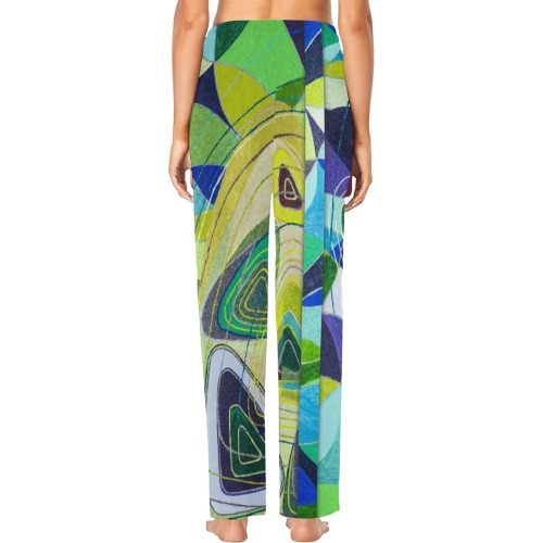 Abstract Geometric Fabric Painting Blue Green Women's Pajama Trousers
