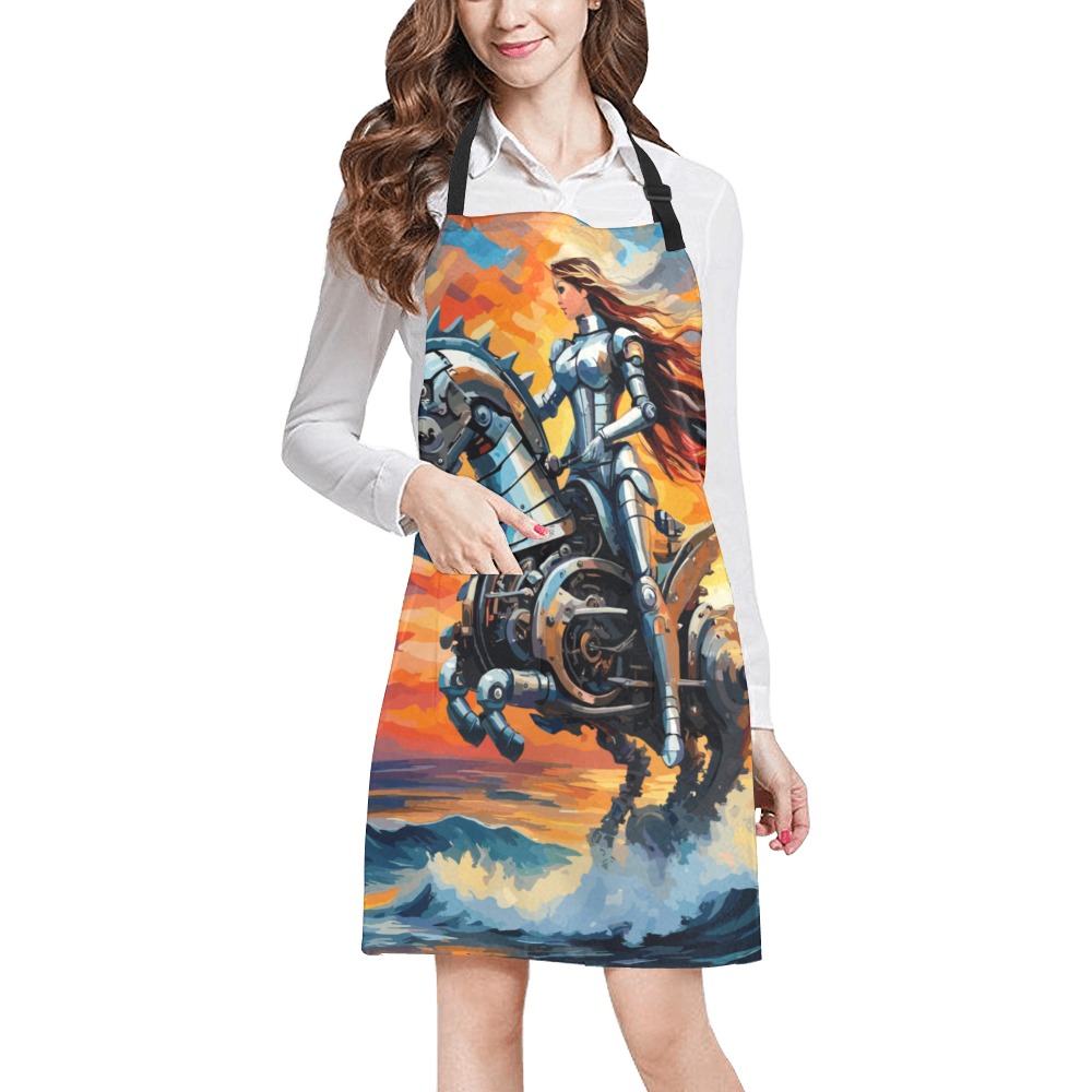 Princess in armor rides mechanical seahorse at sea All Over Print Apron