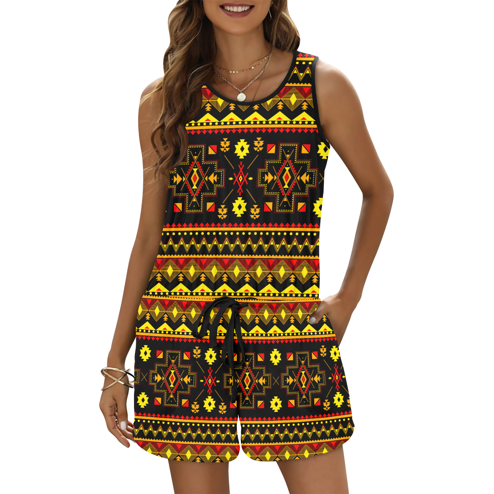 Aboriginal Ethnic Tribal Pattern All Over Print Vest Short Jumpsuit