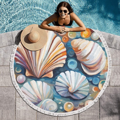 Fantasy shells, conches, pearls, colorful art. Circular Beach Shawl Towel 59"x 59"