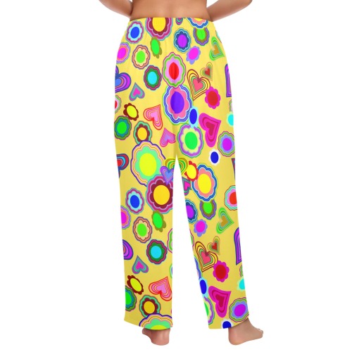 Groovy Hearts and Flowers Yellow Women's Pajama Trousers without Pockets