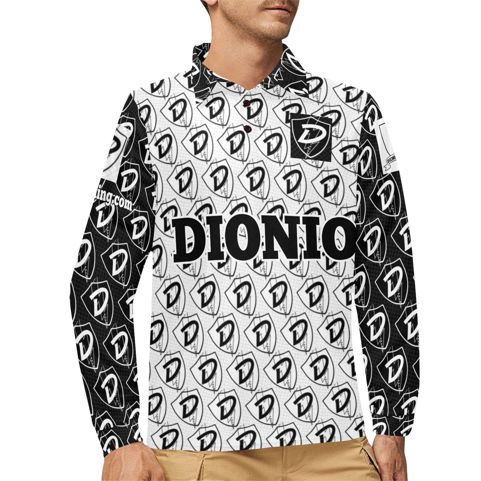 DIONIO Clothing - D Shield Repeat Collab Polo Shirt (Black & White) Men's Long Sleeve Polo Shirt (Model T73)