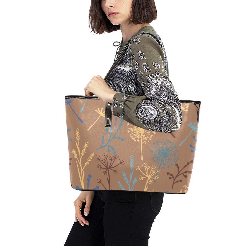Wildflowers Art on Brown Chic Leather Tote Bag (Model 1709)