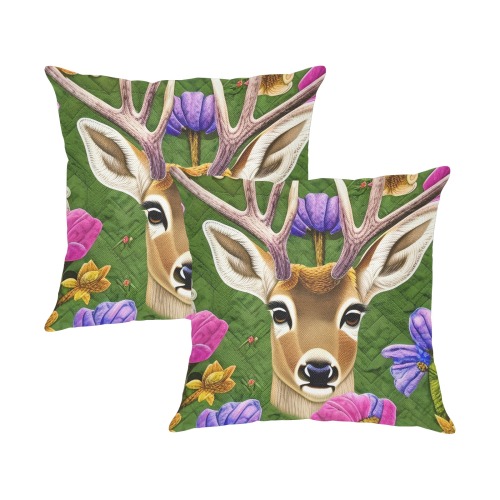 Boho Aesthetic Deer Simulated Quilt Artwork Linen Zippered Pillowcase 18"x18"(Two Sides&Pack of 2)