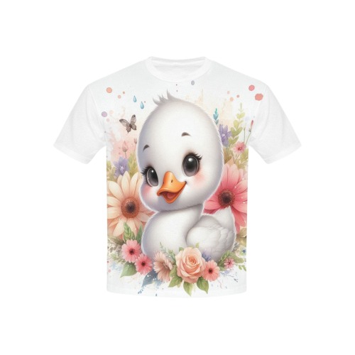 Watercolor Baby Swan 1 Kids' Mesh Cloth T-Shirt with Solid Color Neck (Model T40)