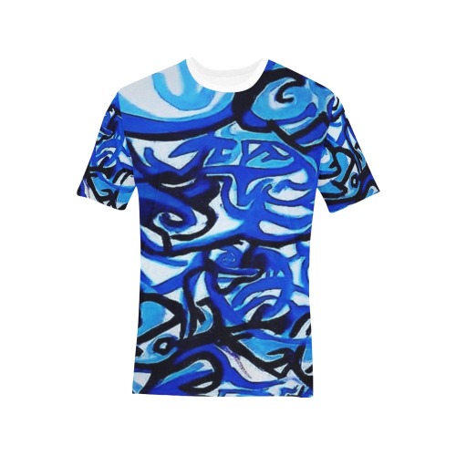 Blue and turquoise T-shirt Men's All Over Print T-Shirt (Solid Color Neck) (Model T63)