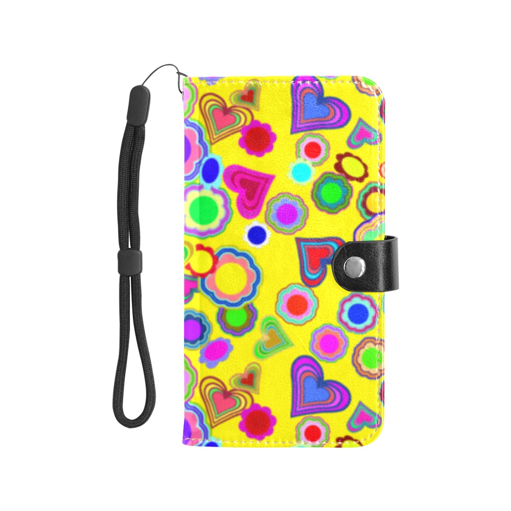 Groovy Hearts and Flowers Yellow Flip Leather Purse for Mobile Phone/Large (Model 1703)
