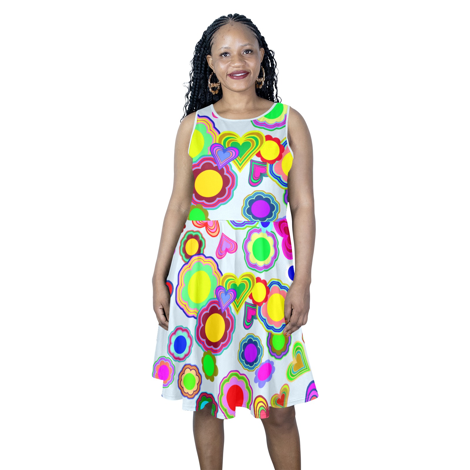 Groovy Hearts and Flowers Blue Sleeveless Expansion Dress (Model D60)
