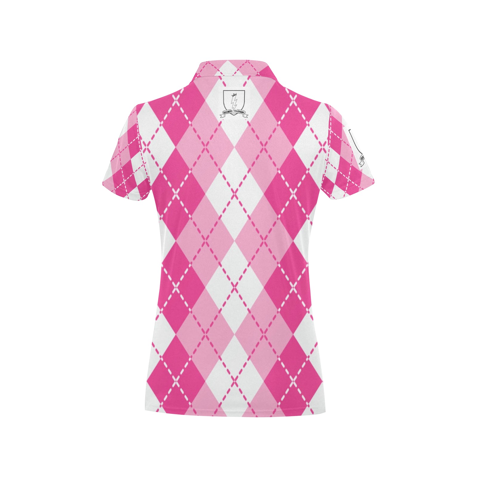 DIONIO Clothing - Ladies Argyle Short Sleeve Polo Shirt (Pink & White ,White Logo) Women's All Over Print Polo Shirt (Model T55)