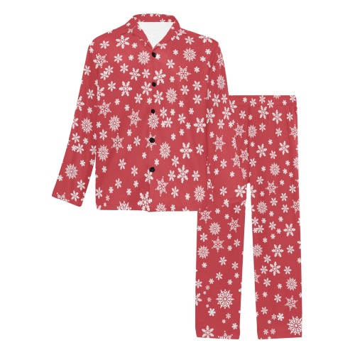 Christmas  White Snowflakes on Red Men's V-Neck Long Pajama Set