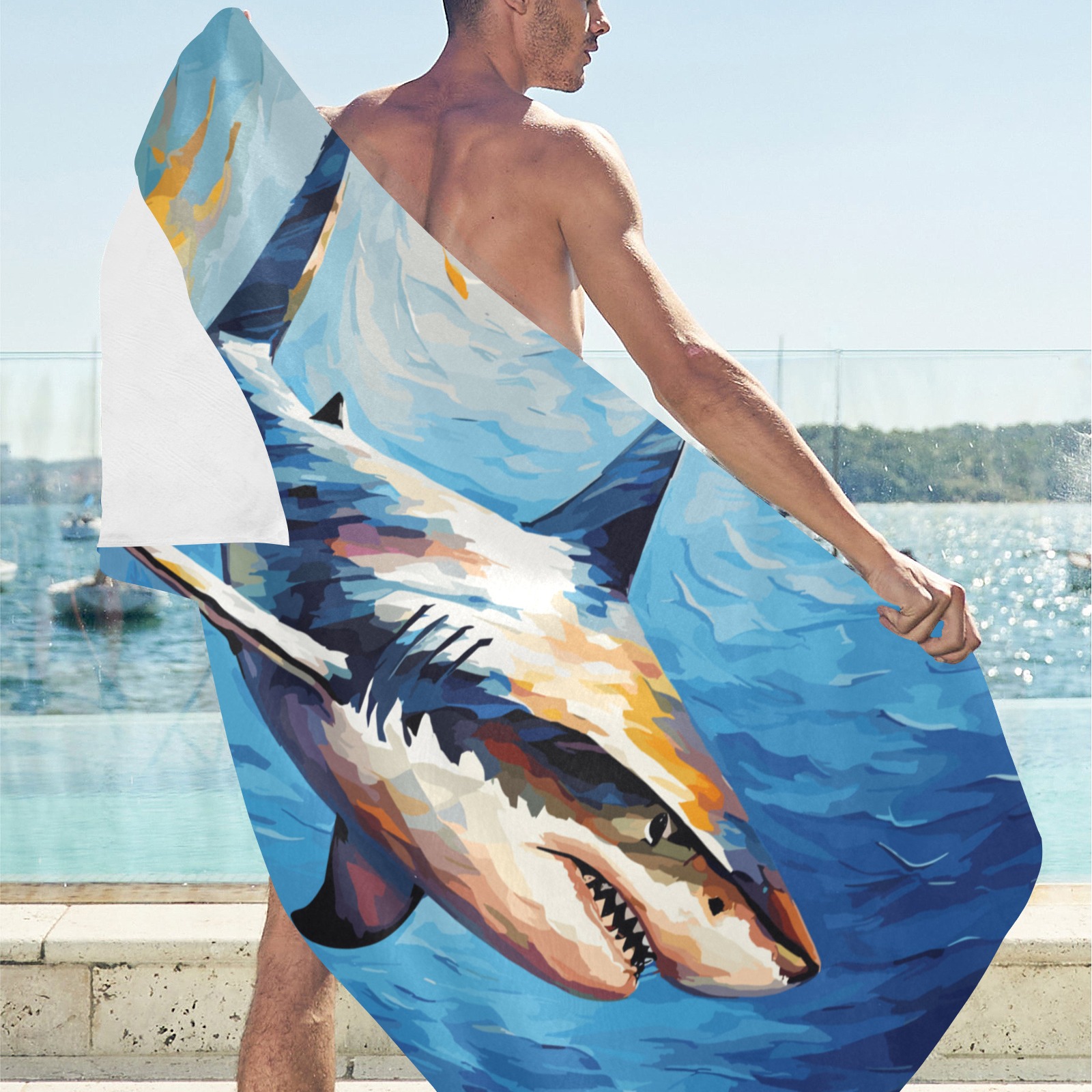 Cool shark surfs the wave under the sea chic art. Beach Towel 32"x 71"