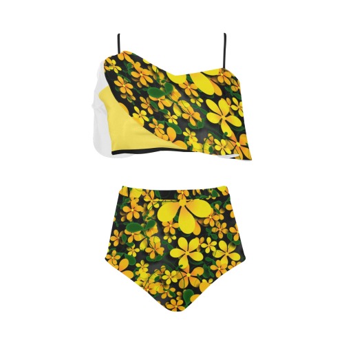 Pretty Orange & Yellow Flowers on Black High Waisted Ruffle Bikini Set (Model S13)