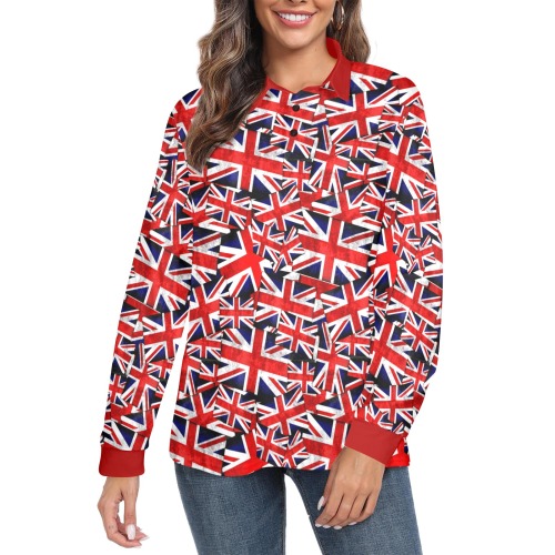 Union Jack British UK Flag / Red Women's Long Sleeve Polo Shirt (Model T73)