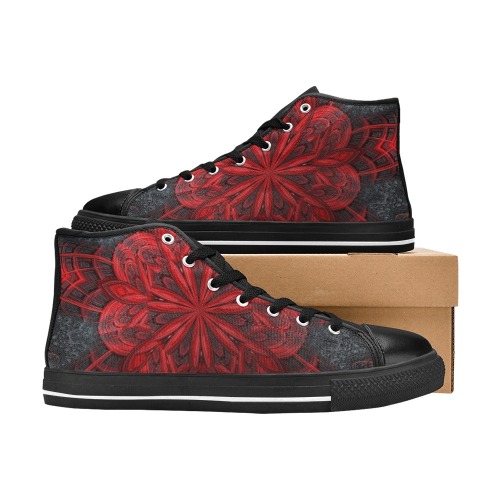 Red Flower on the Black Lava Fractal Kaleidoscope Mandala Abstract Women's Classic High Top Canvas Shoes (Model 017)