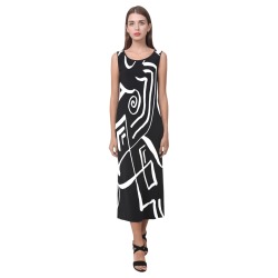 Black and white abstract art dress Phaedra Sleeveless Open Fork Long Dress (Model D08)