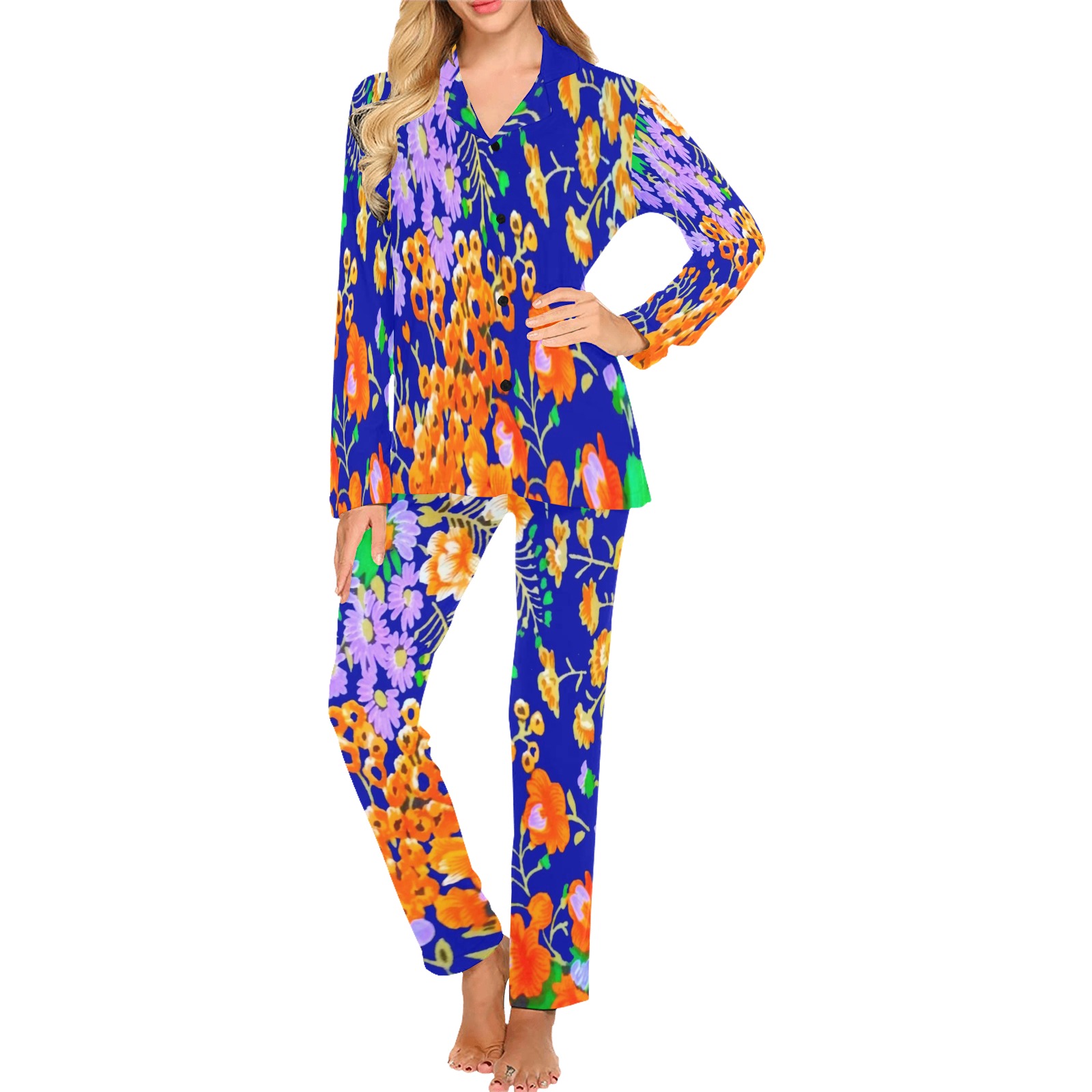 Giant Oriental Blue Floral Women's Long Pajama Set