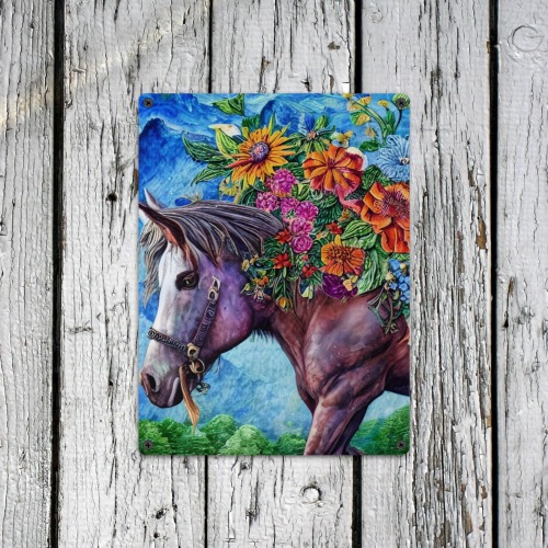 Boho Simulated Quilt Horse Artwork Metal Sign 12"x16"