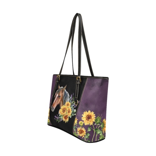 Horse and sunflower leather tote Leather Tote Bag/Large (Model 1640)