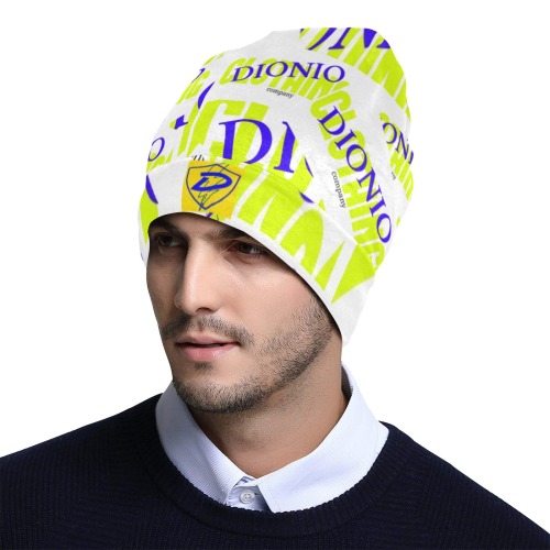 DIONIO Clothing - Company Beanie (White,Blue & Yellow) All Over Print Beanie for Adults
