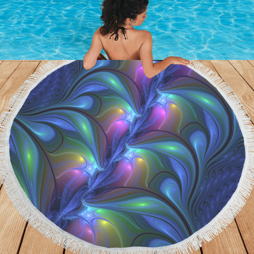 Colorful Luminous Abstract Blue Pink Green Fractal Circular Beach Shawl 59"x 59"