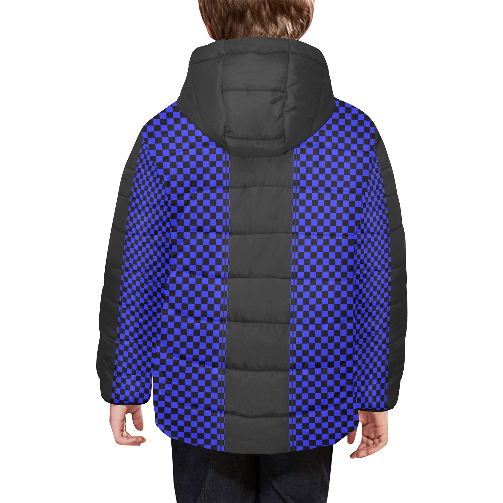 Checkerboard Blue Black Stripe Racing Kids' Padded Hooded Jacket (Model H45)