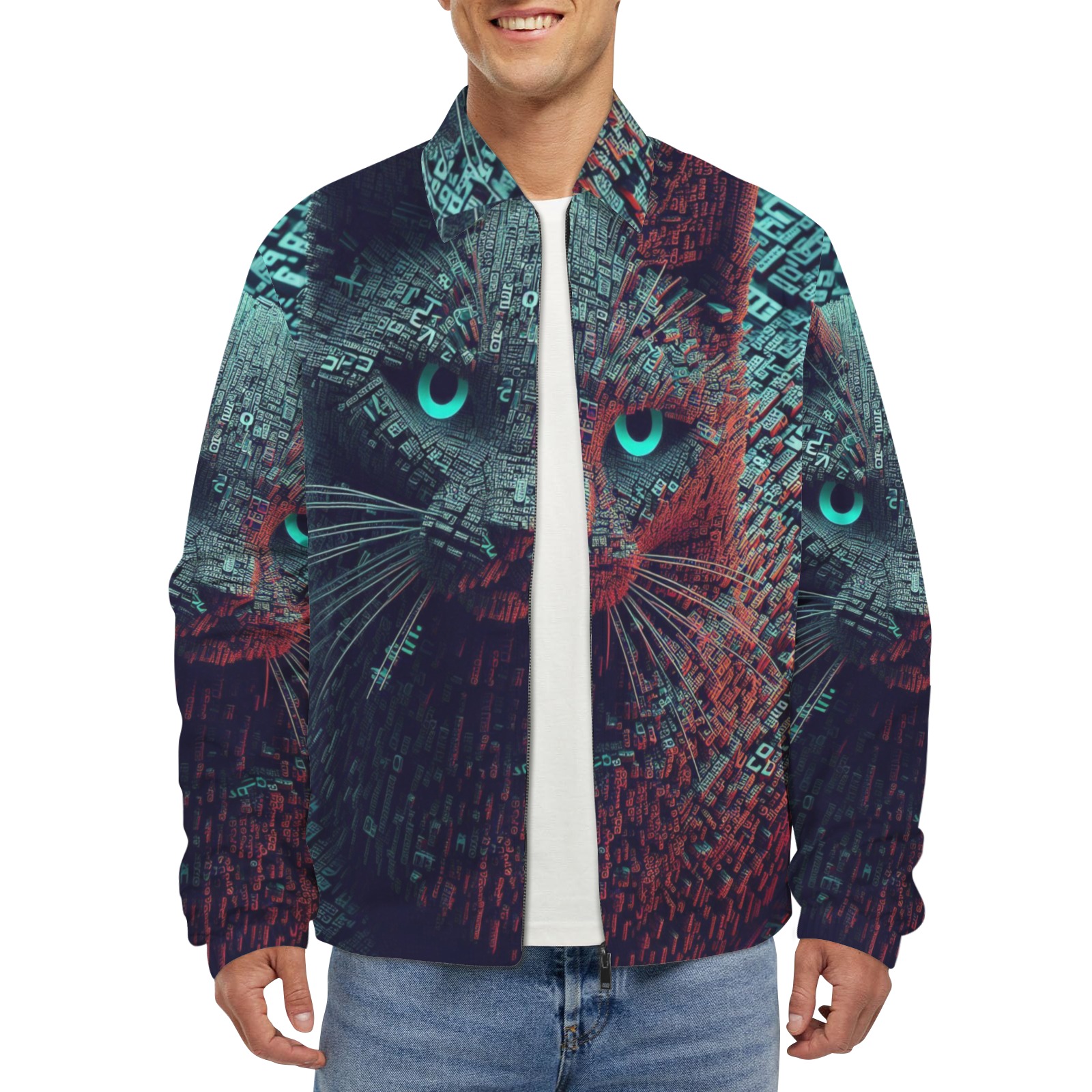 3D cat Men's Turn-Down Collar Jacket (Model H68)